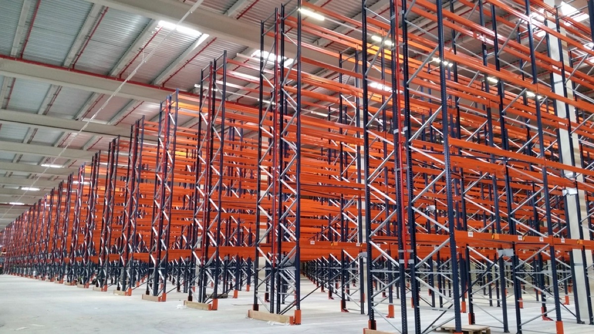 Interior of a large warehouse with racking
